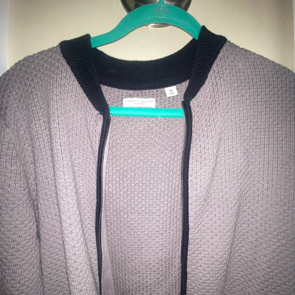 Singer + Sargent Mens L Taupe Gray Black Zip Up Honeycomb Knit Cardigan Sweater - Picture 3 of 4